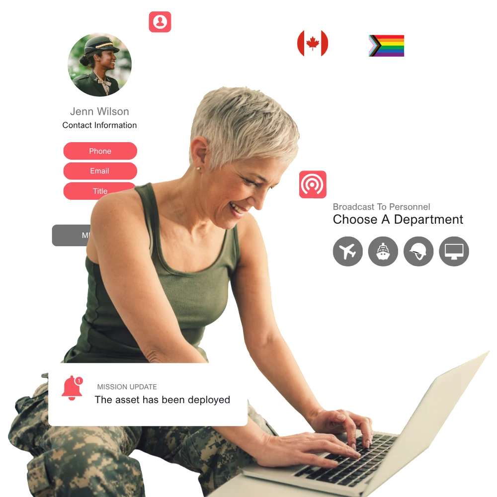 A military woman at her computer, smiling and using a military-specific software application.